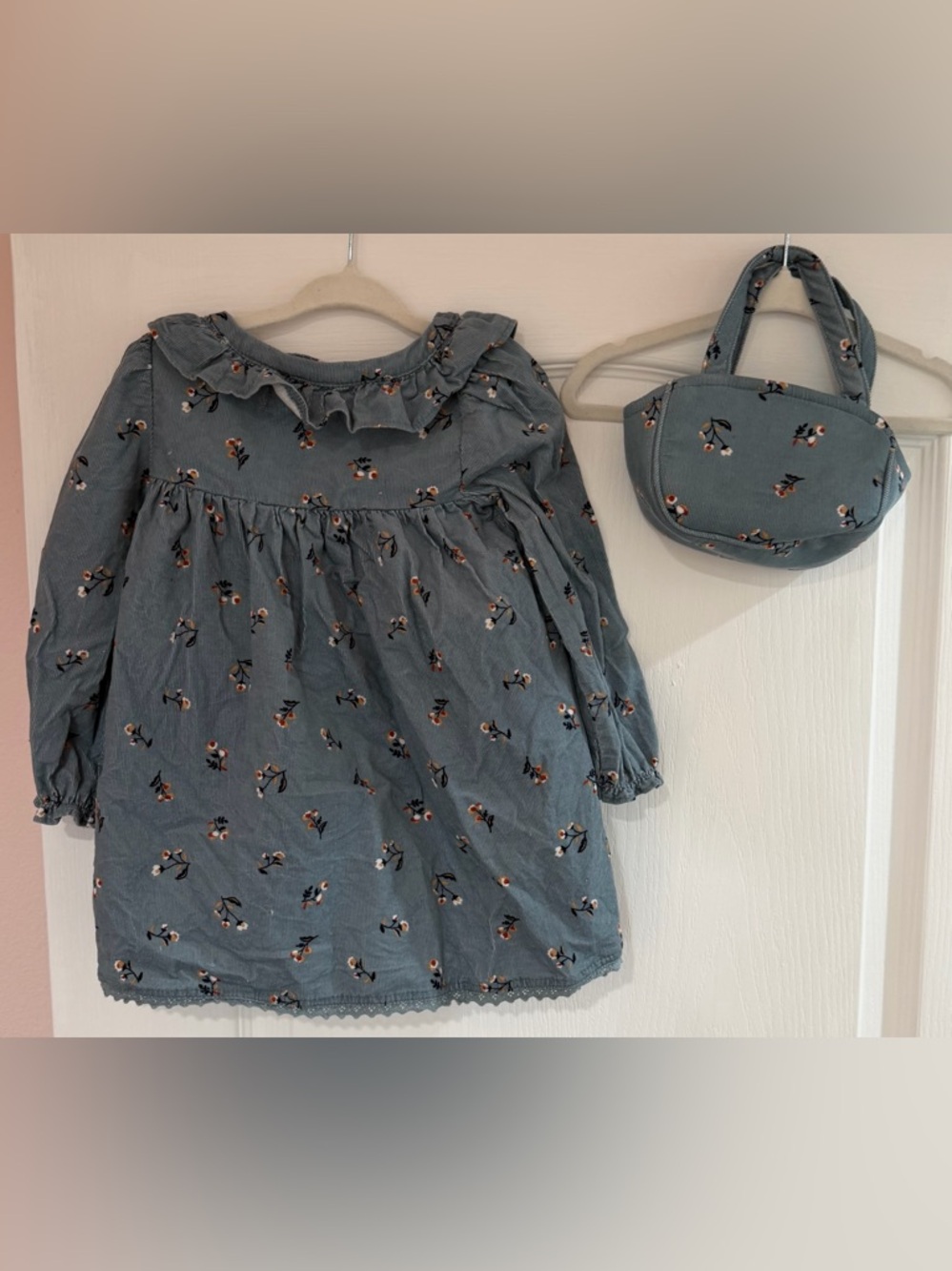Corduroy Floral Long-Sleeve Dress with Matching Bag